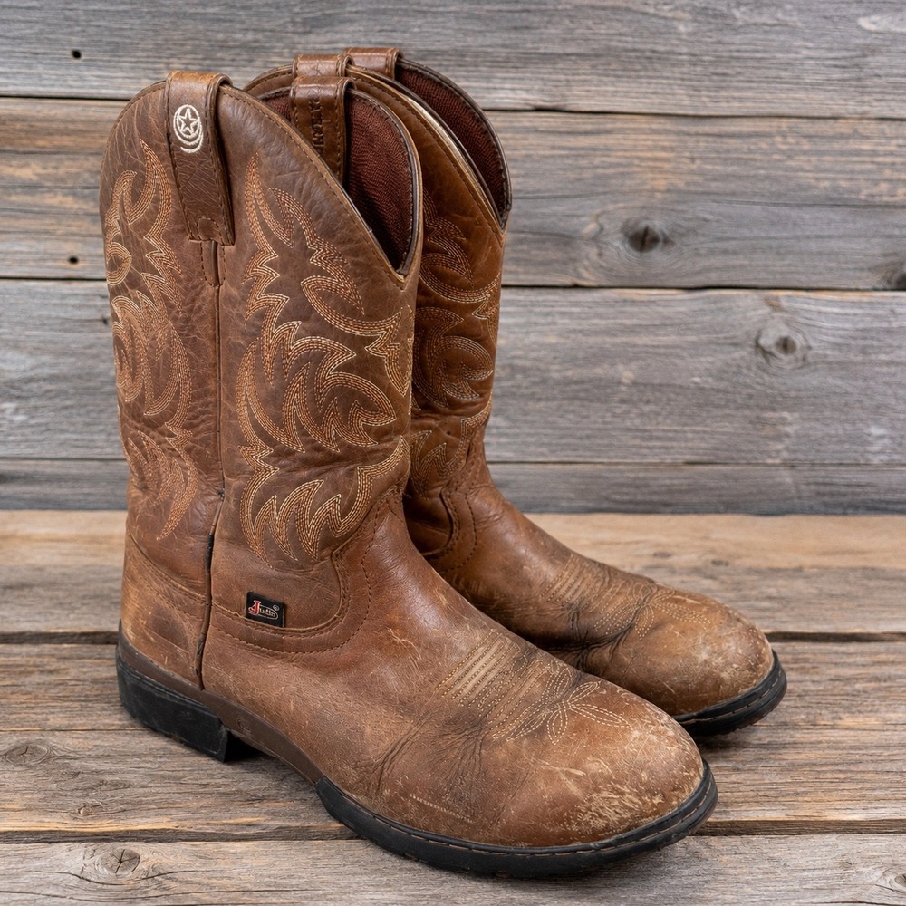 Justin Waterproof Leather Western Cowboy Work Boots Brown Thrashed Sz 9D